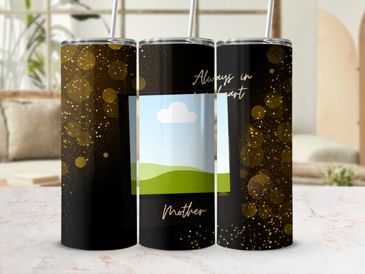 Three tumblers with black, gold sparkle design and "Mother" text.