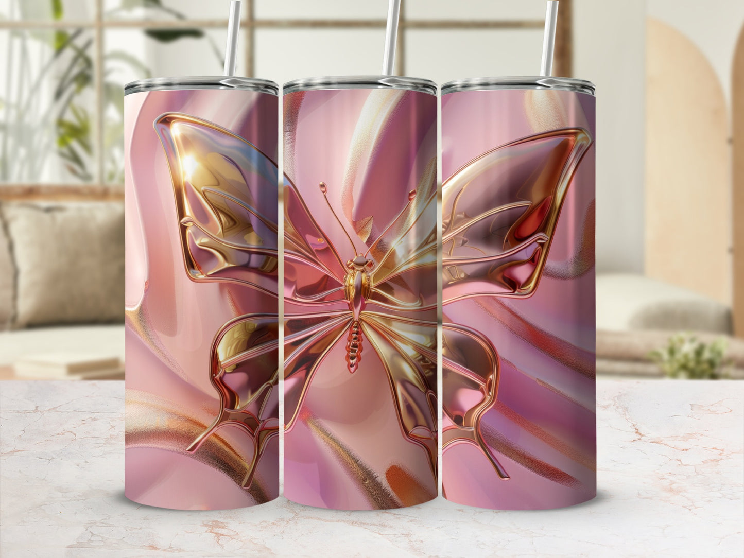 Pink butterfly tumbler with metallic accents on a marble surface.