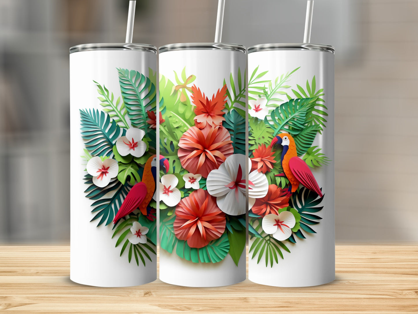 Vibrant Tropical Parrot and Flowers Insulated Tumbler
