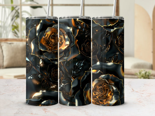 Three black rose tumblers with gold accents on a marble surface.
