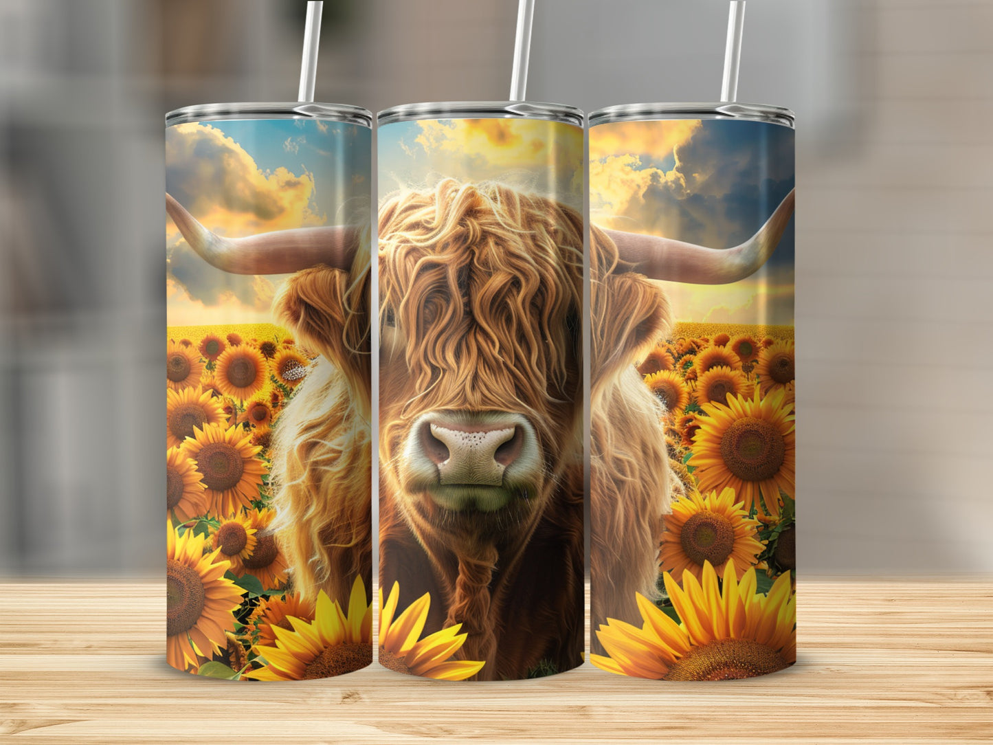 Highland cow in sunflower field on three tumblers.