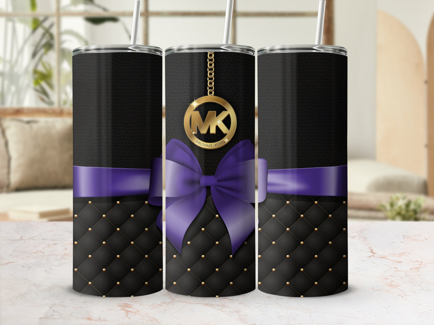 Stylish Black Tumbler with Purple Bow and Gold Stud Design