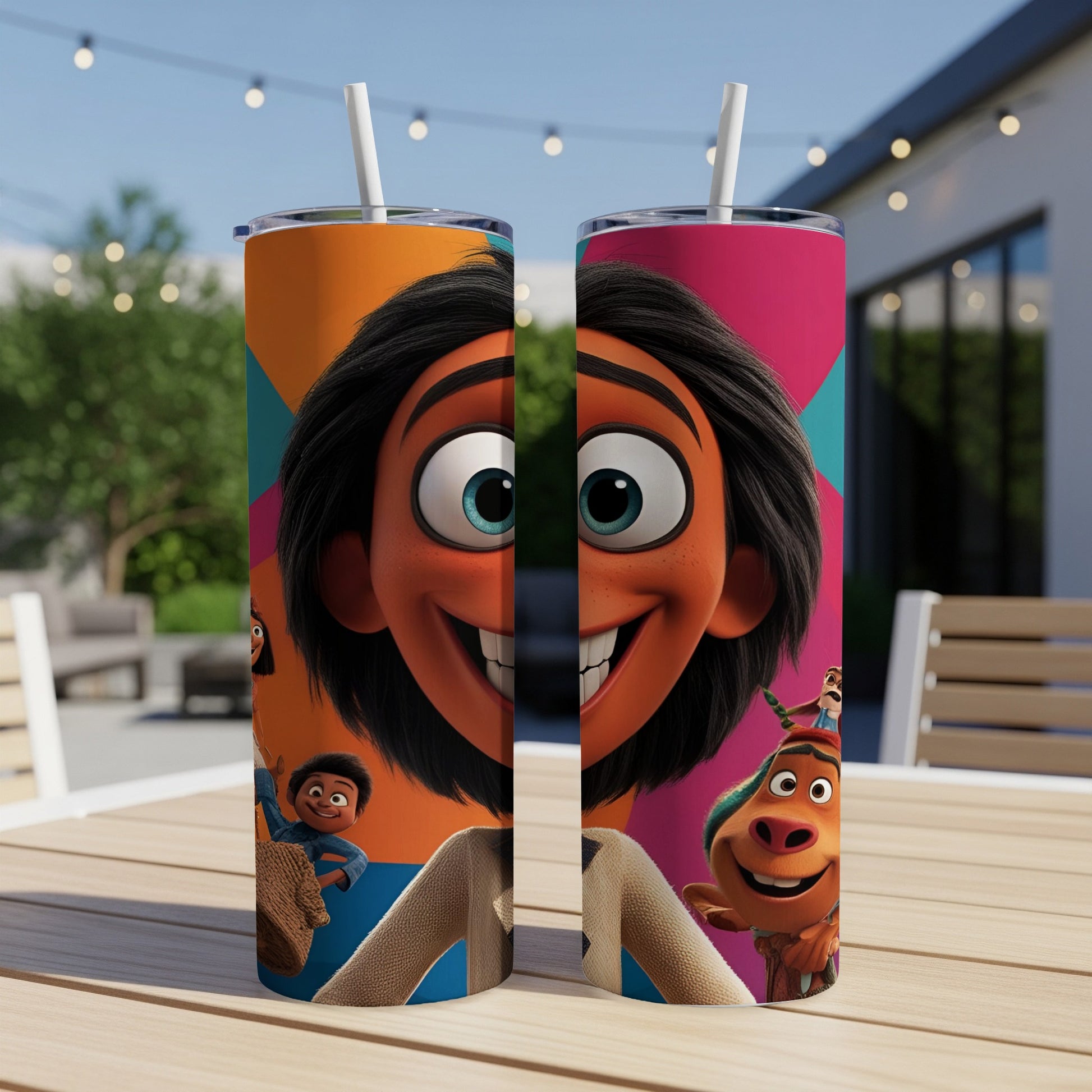Two colorful tumblers featuring cartoon characters, a close-up of a smiling character's face.