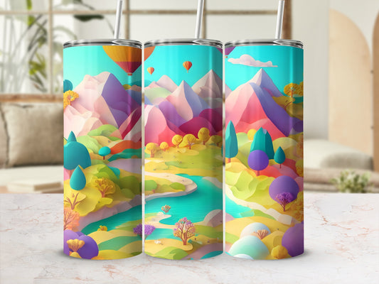 Abstract landscape with mountains, river, and trees on a patterned tumbler.