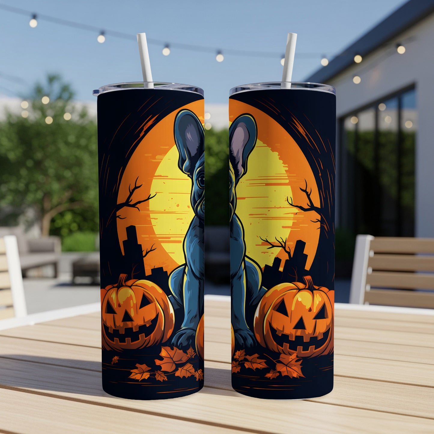 Halloween tumbler with a blue French bulldog, jack-o'-lanterns, and a full moon.