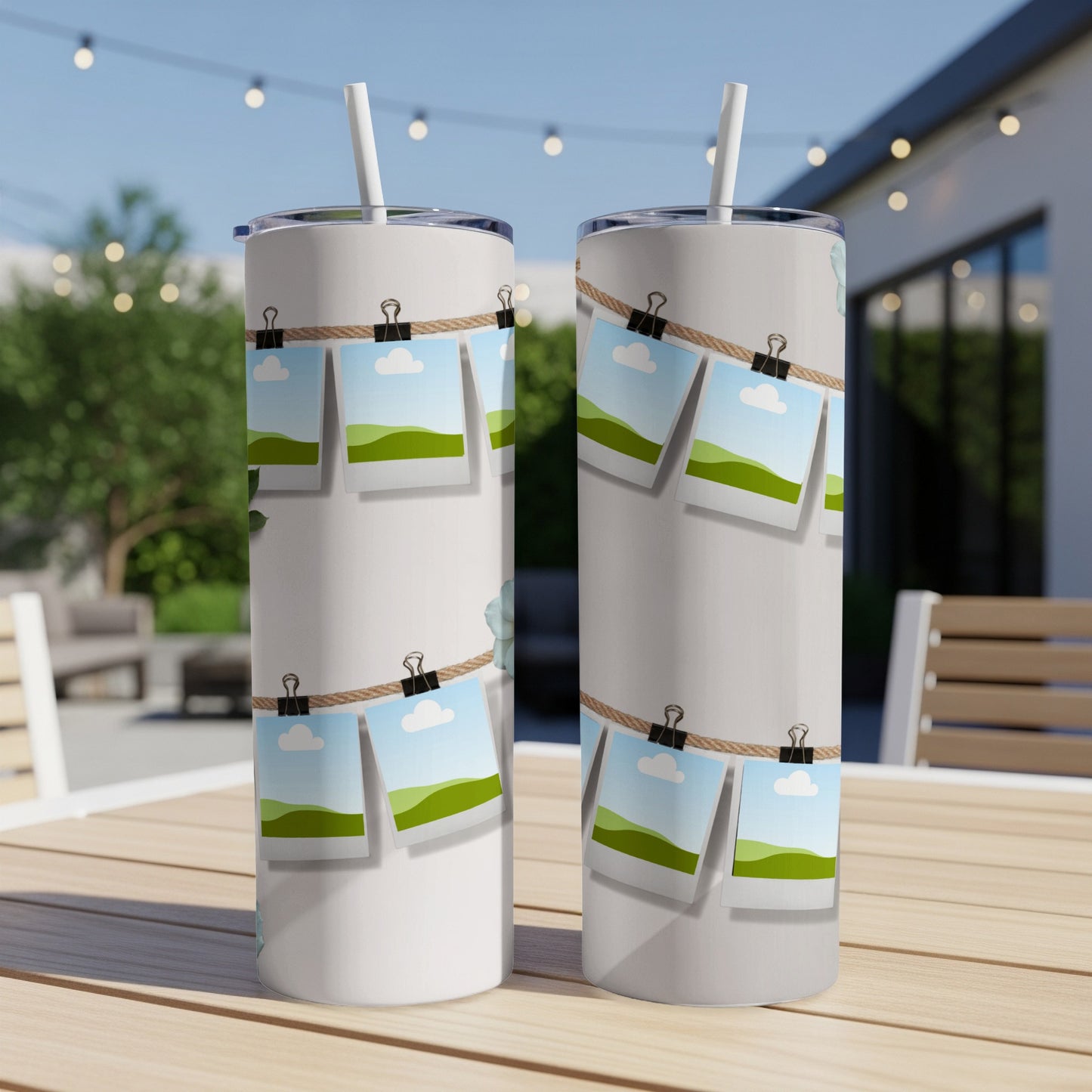 Two white tumblers with a polaroid photo string design.