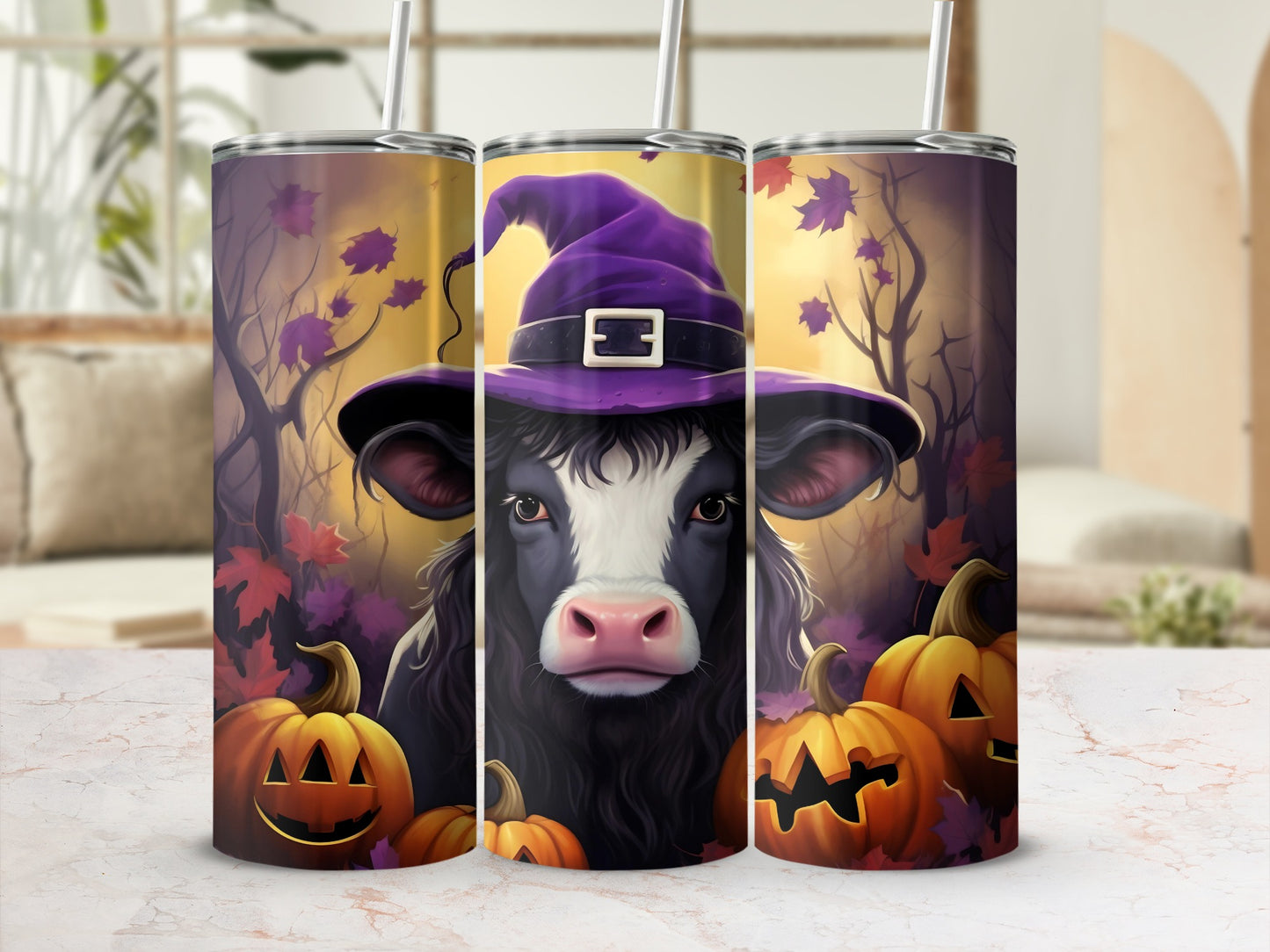 Halloween Cow Witch with Pumpkins Tumbler
