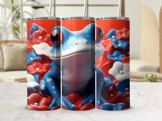 Blue and red frog tumbler with white clouds and red floral accents.