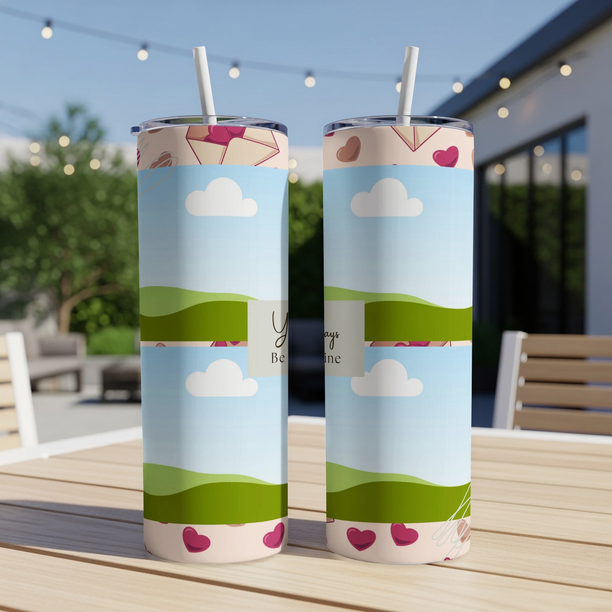 Two tumblers with a Valentine's Day design featuring hearts, clouds, and the text "You Always Be Mine."
