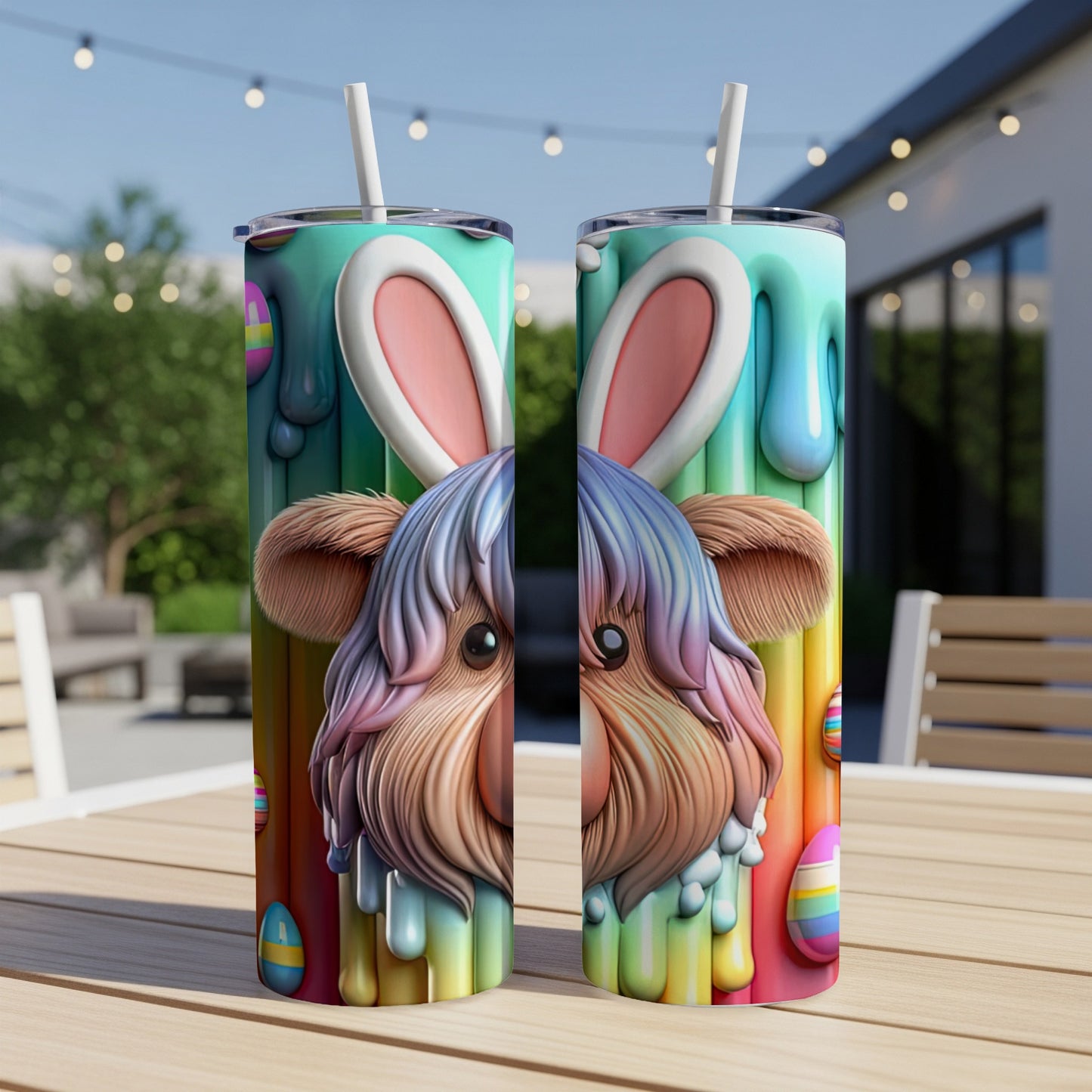 Two pastel Easter-themed tumblers with a fuzzy creature face and bunny ears.
