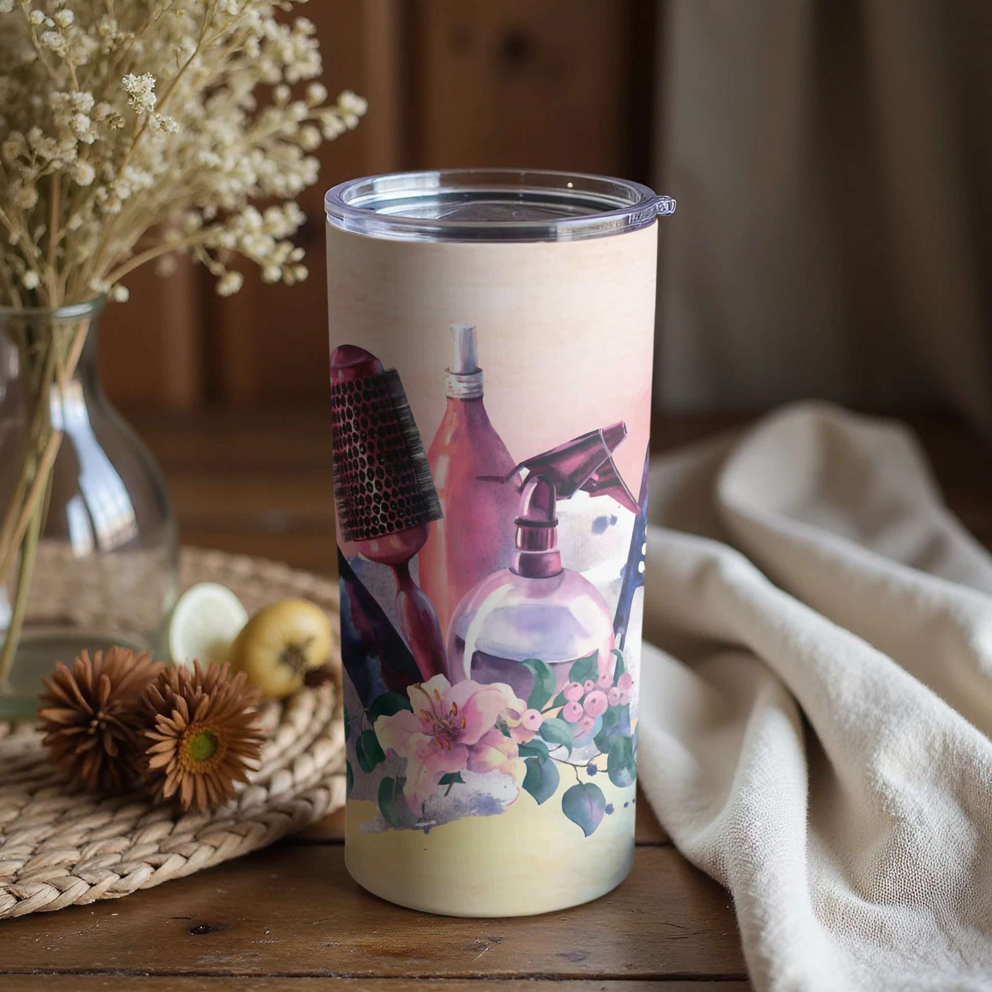 Hair Styling Tools and Floral Art Travel Tumbler