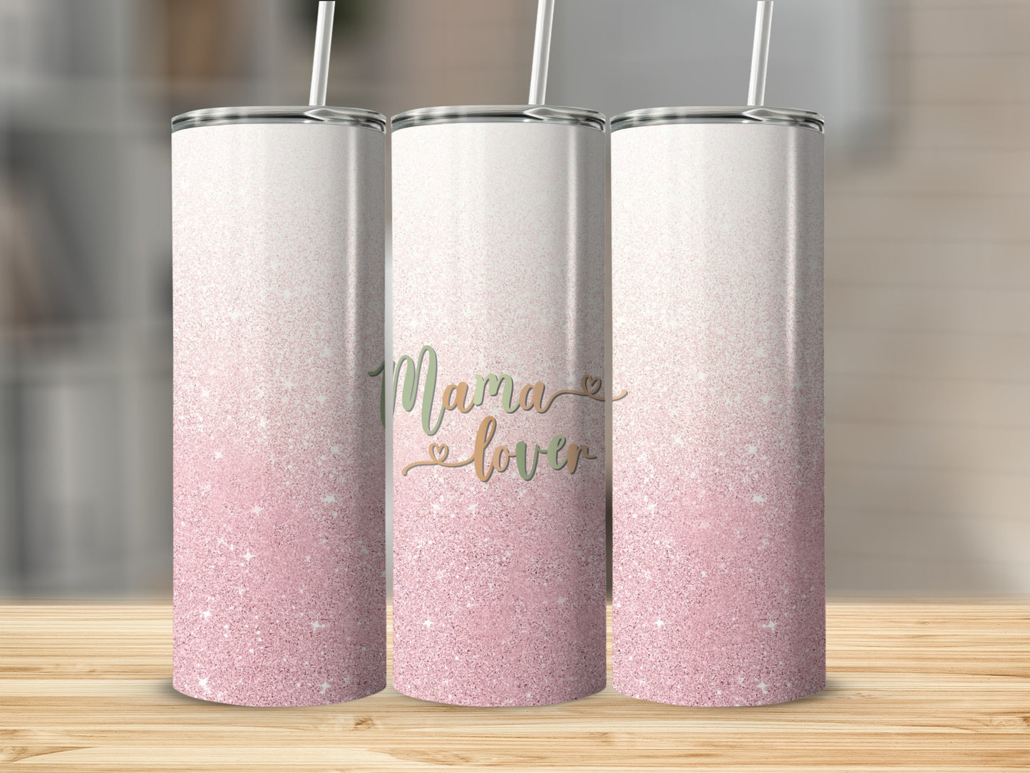 Glittering pink ombre tumbler with "Mama lover" text.