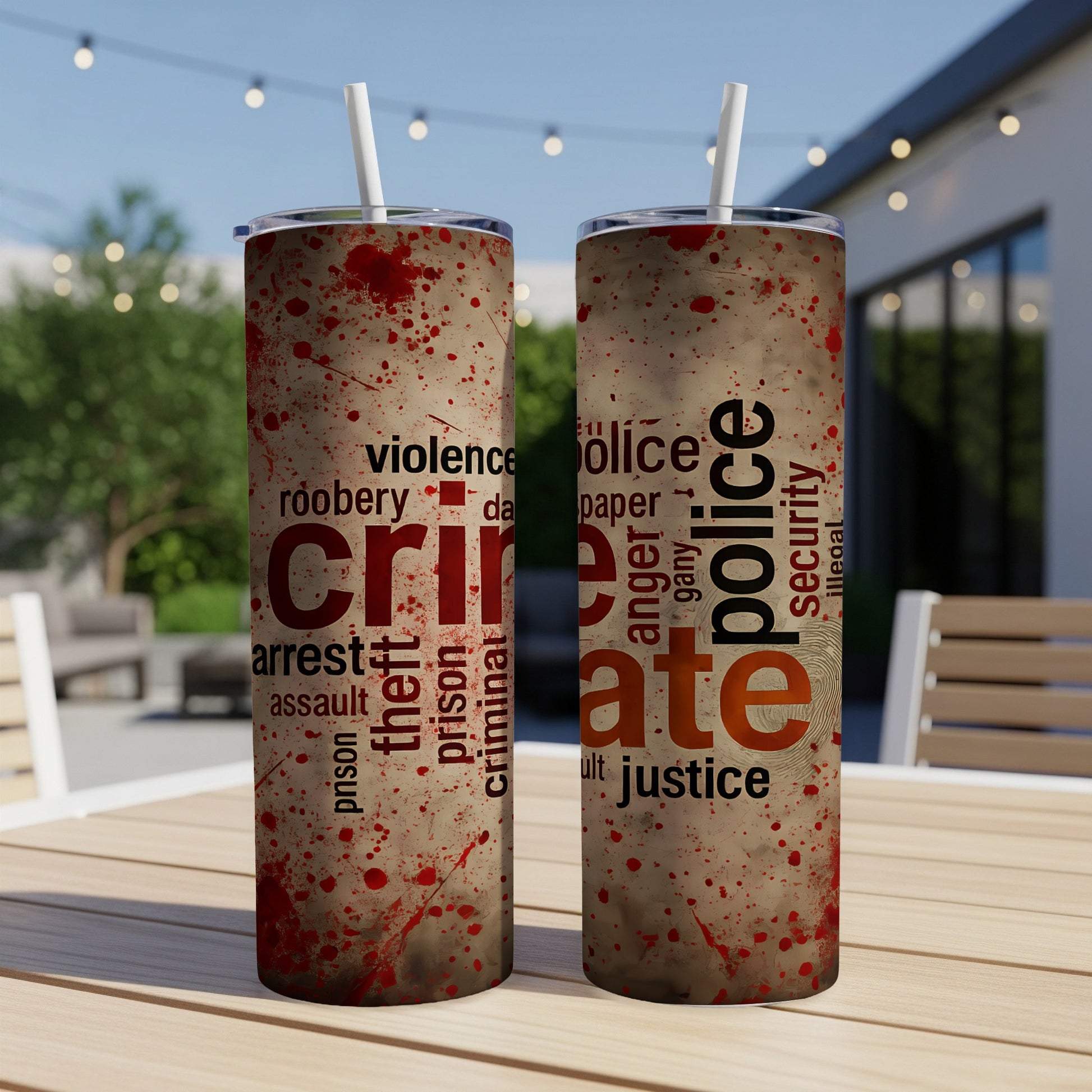 Two tumblers with crime-themed word art and blood splatters.