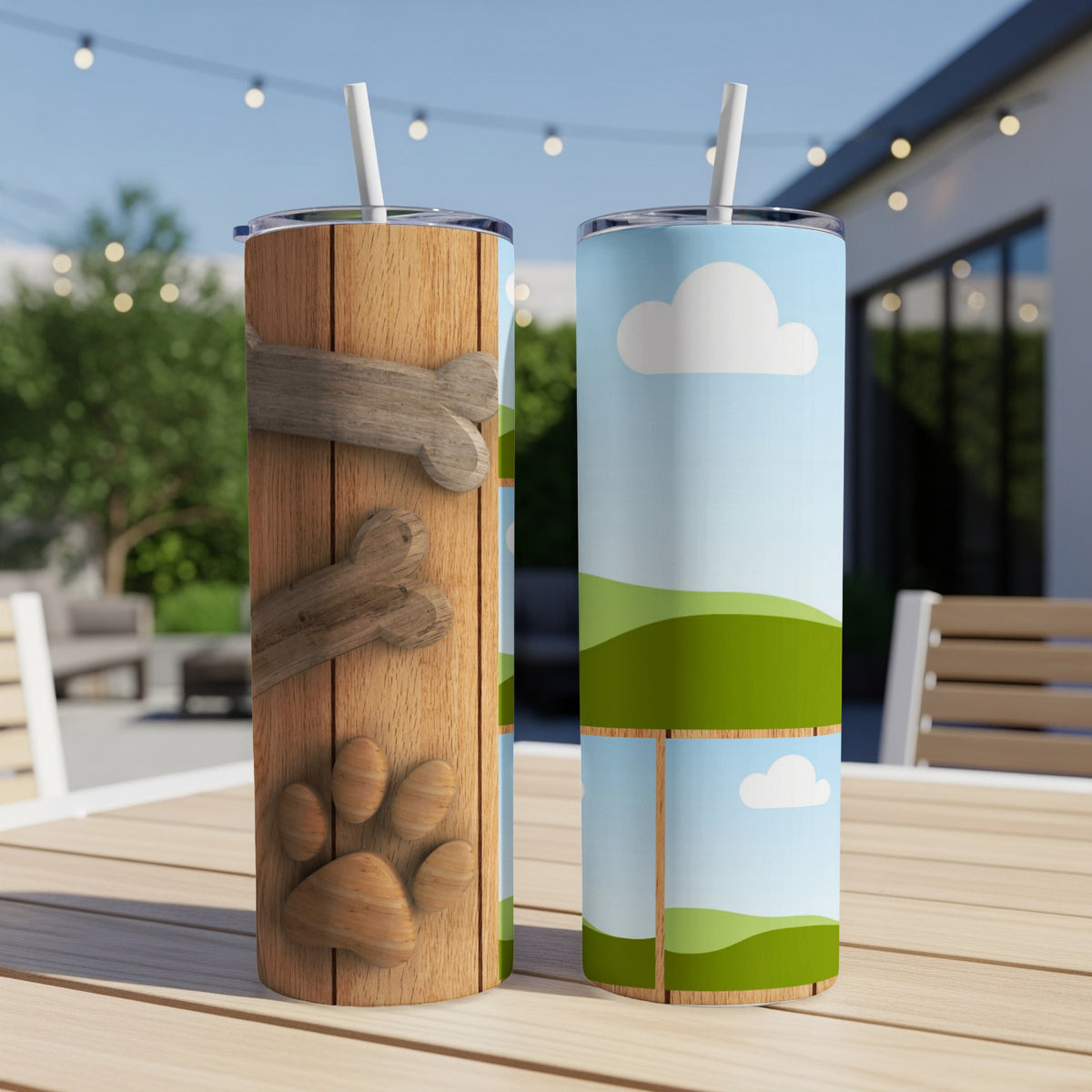 Two tumblers with dog-themed designs, one wood grain with paw and bone, one sky and hills.