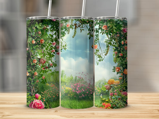 Triptych of tumblers featuring a vibrant floral garden scene with lush greenery and sky.
