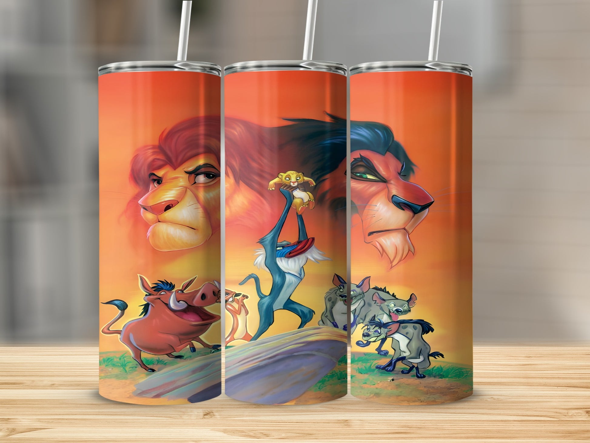 The Lion King characters Mufasa, Scar, Simba, Timon, and Pumbaa on a tumbler.