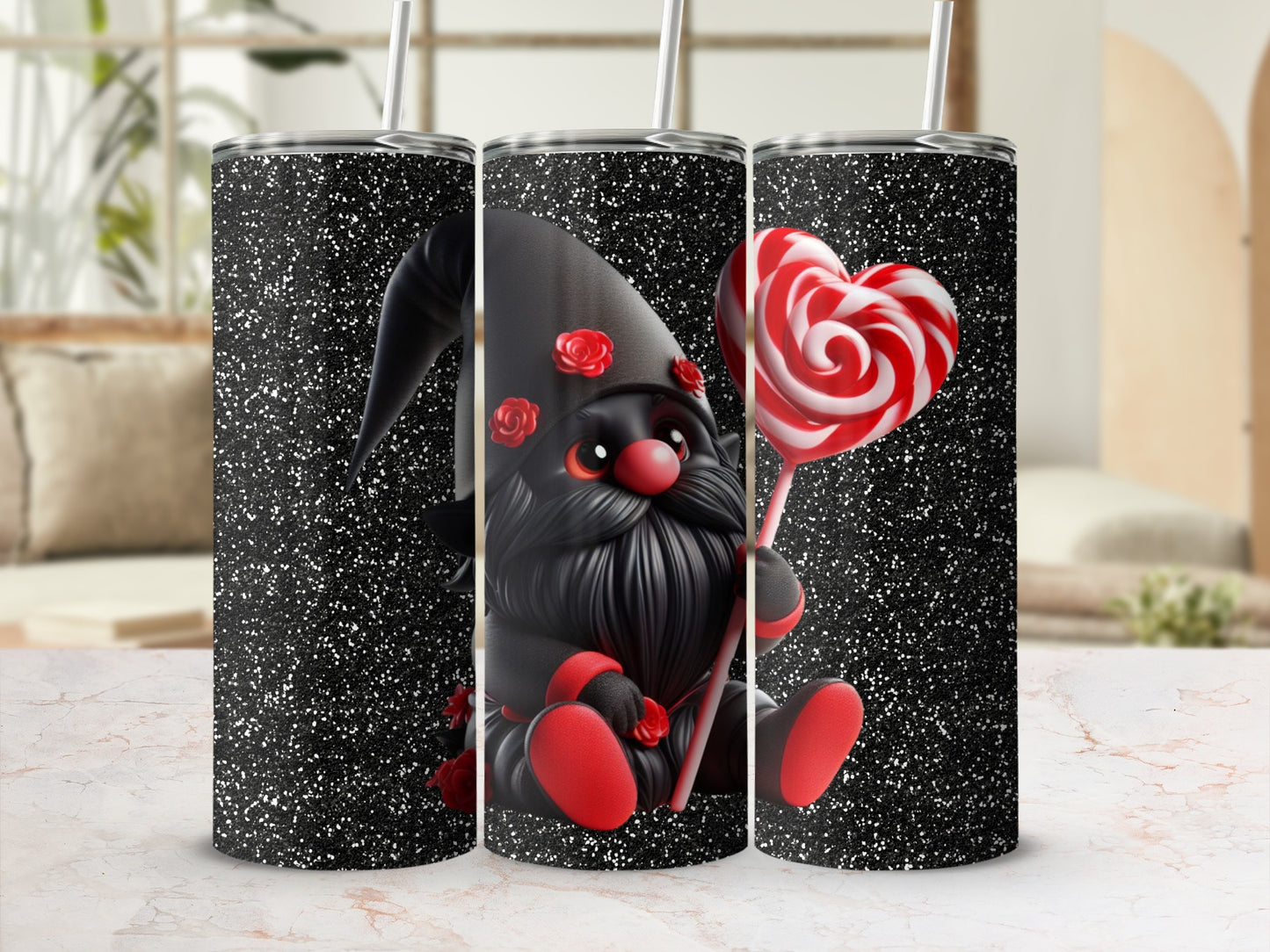 Cute Gnome Holding Candy Heart Glitter Tumbler