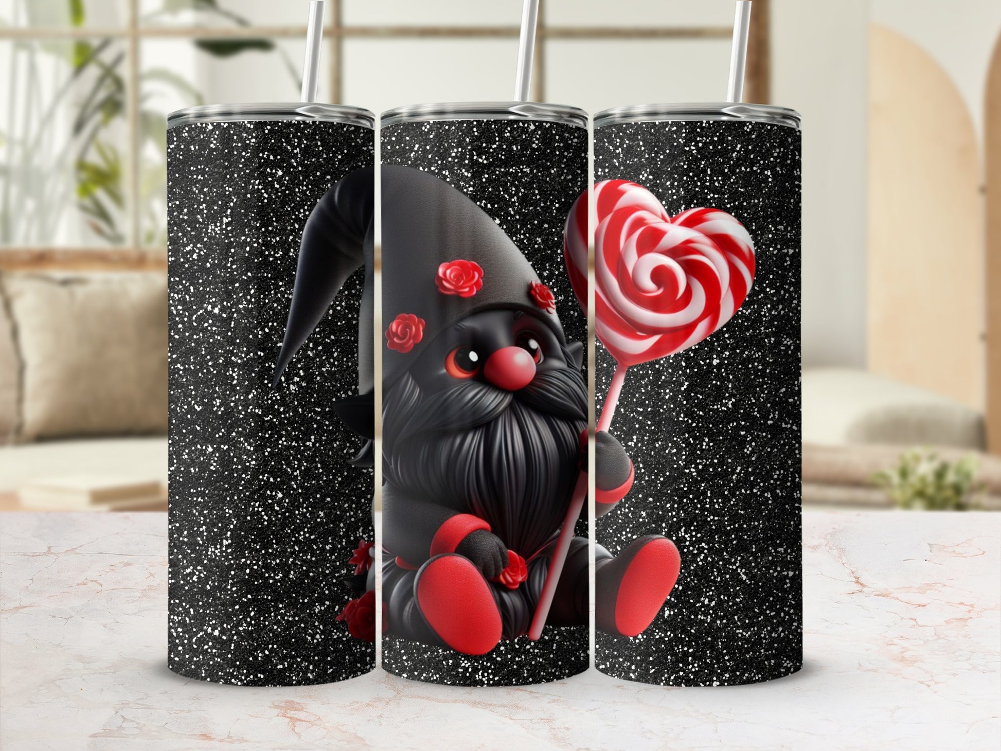 Cute Gnome Holding Candy Heart Glitter Tumbler
