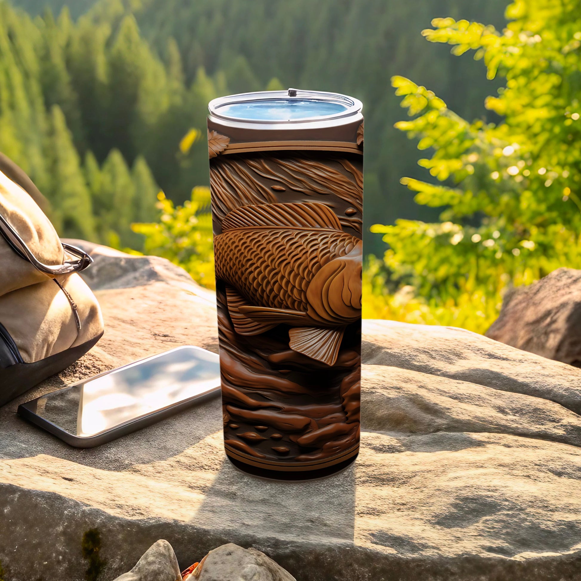 Tumbler with carved fish relief design next to backpack and phone.