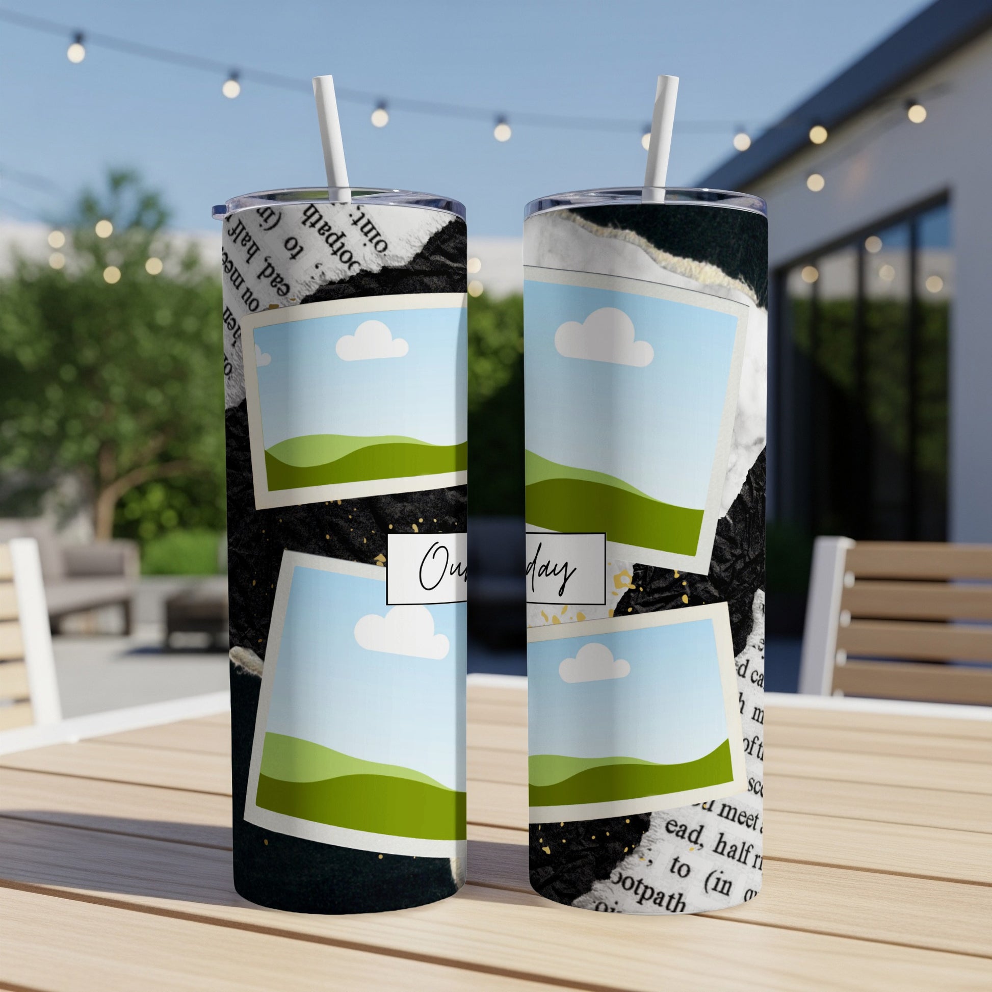 Two tumblers with torn paper collage, landscape photos, and "Our Day" text.