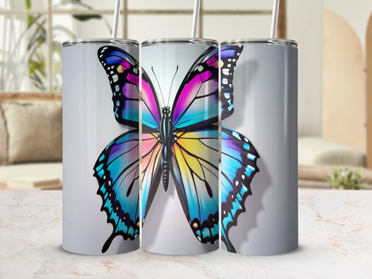Tall tumbler with colorful butterfly graphic.
