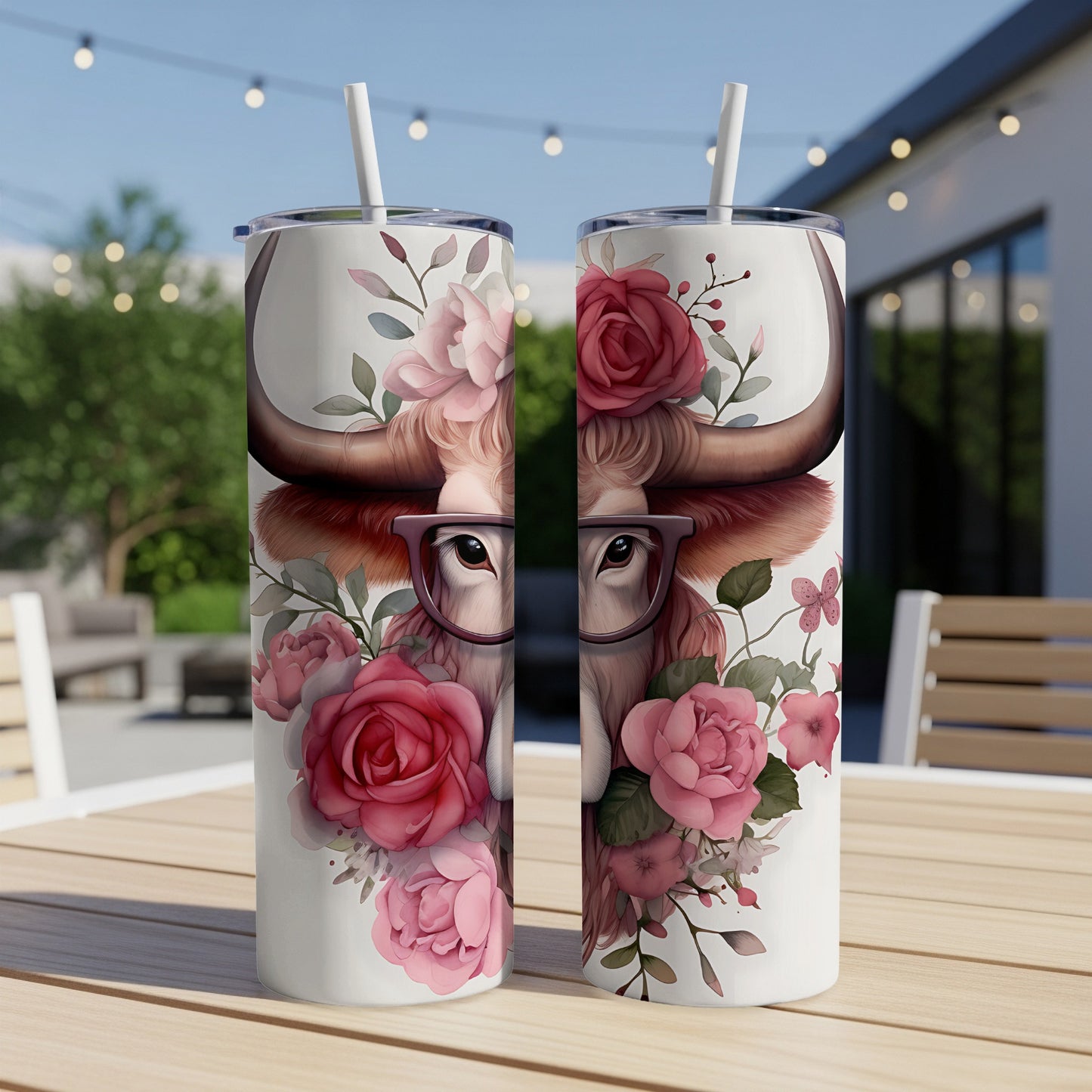 Cow wearing glasses with pink roses and floral accents on a tumbler.