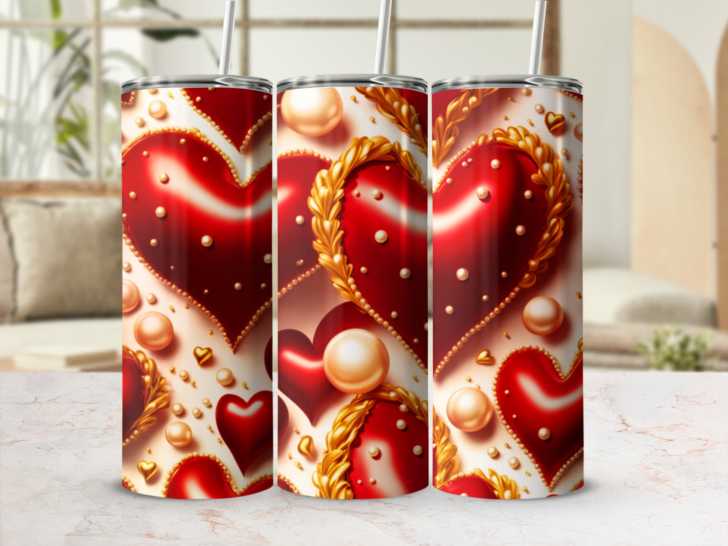 Red hearts with gold trim and beads on a textured tumbler.