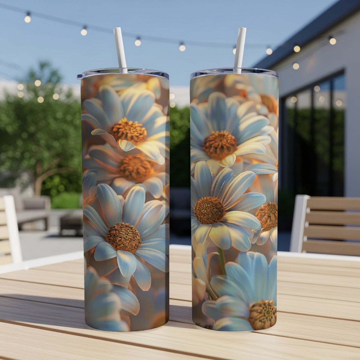 Two tumblers with a close-up daisy floral pattern on a wooden table.