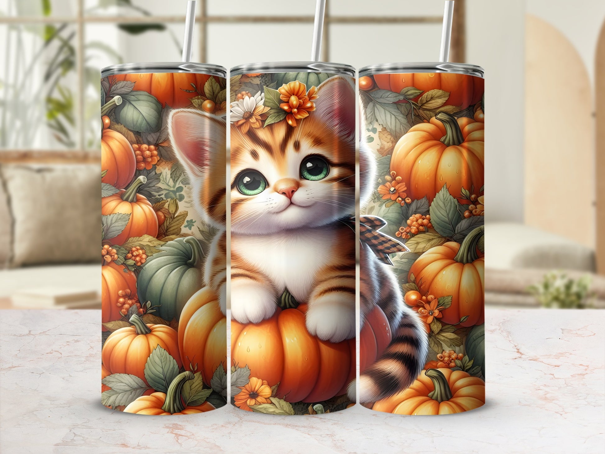 Cute kitten with flower crown sitting on pumpkin, surrounded by pumpkins.