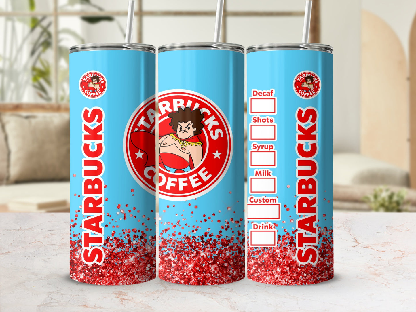 Customized Starbucks Blue and Red Glitter Tumbler