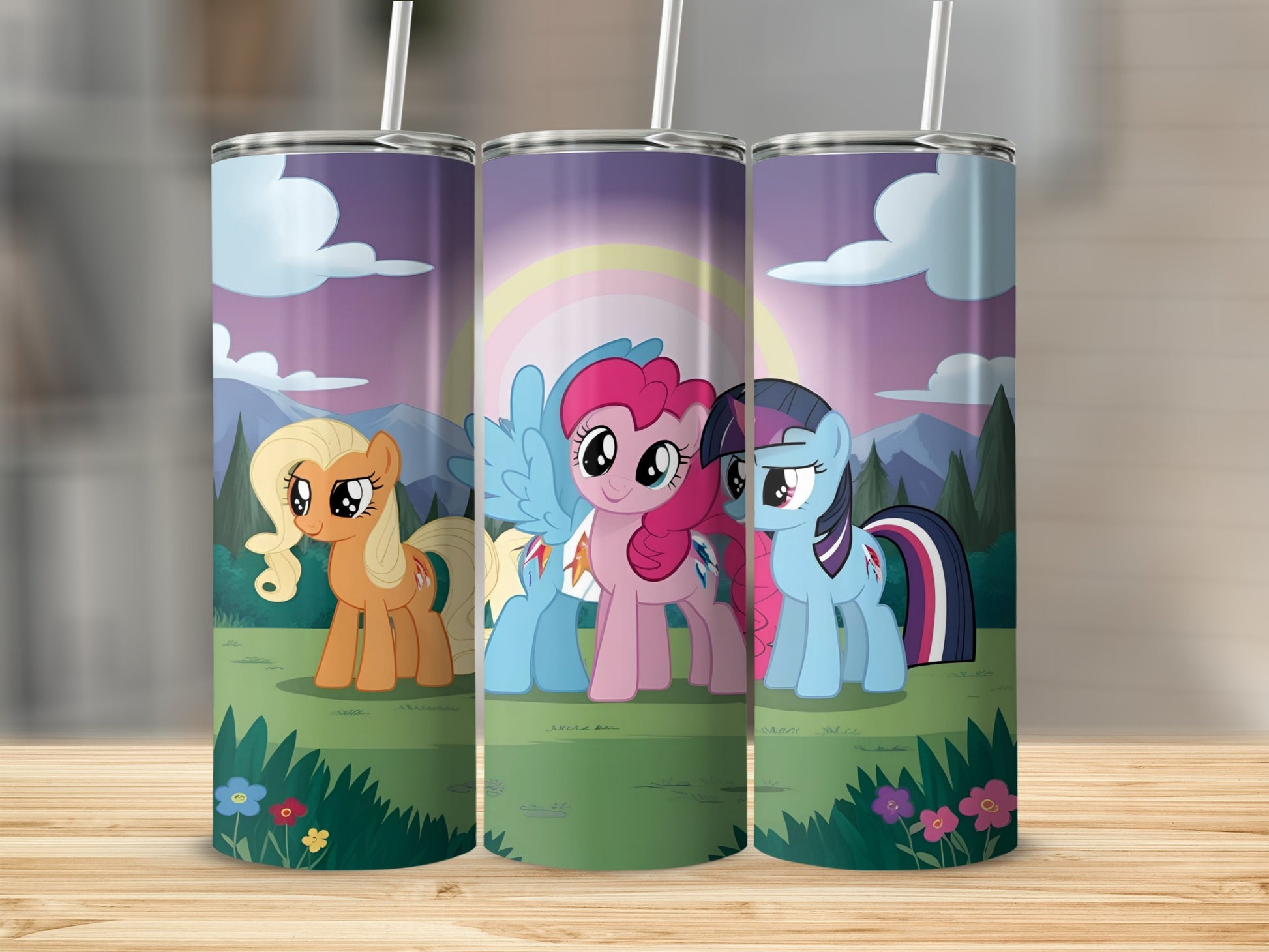 My Little Pony characters Applejack, Pinkie Pie, and Rainbow Dash on a tumbler.