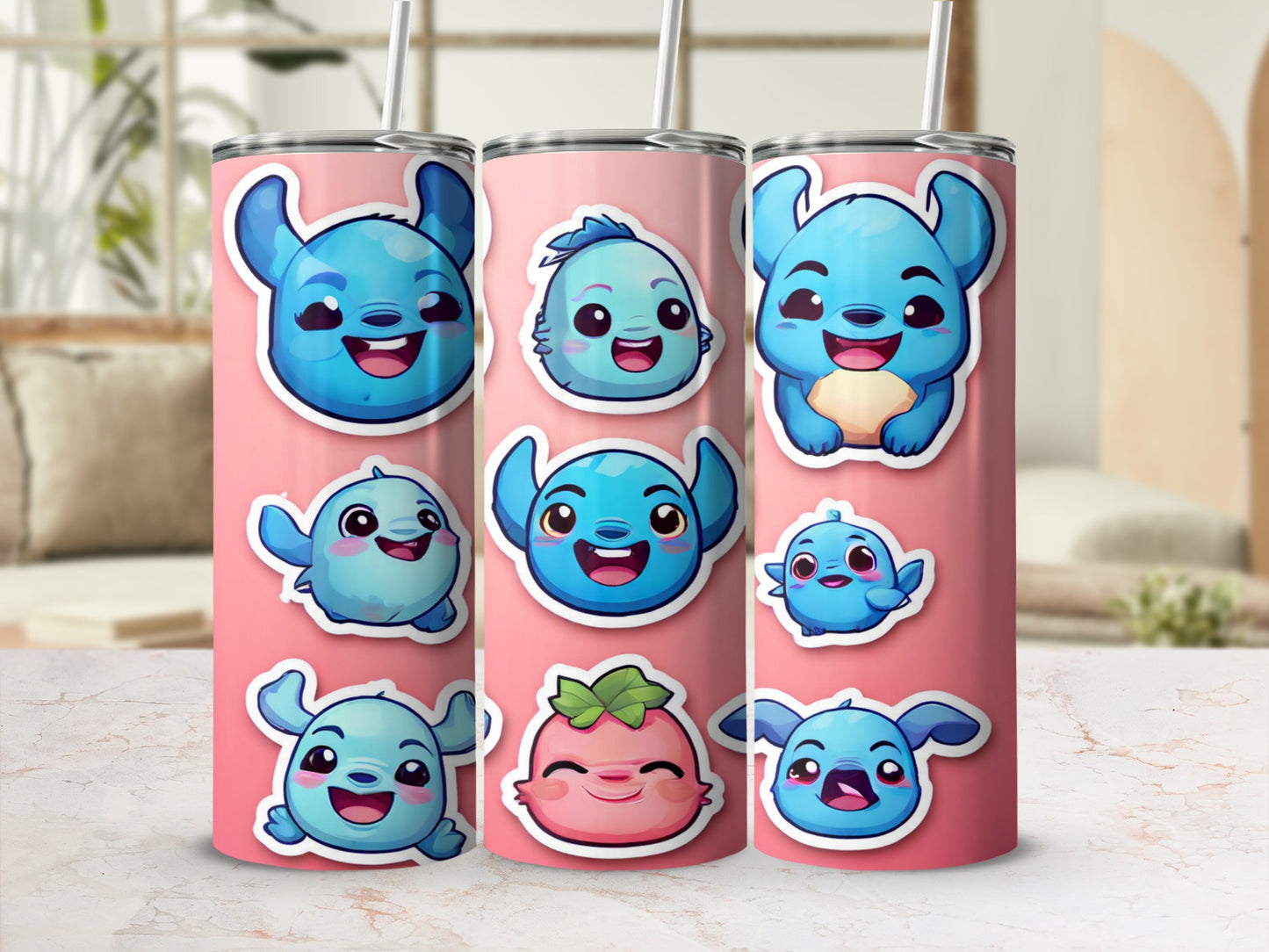 Three pink tumblers with cartoon Stitch and other cute characters.