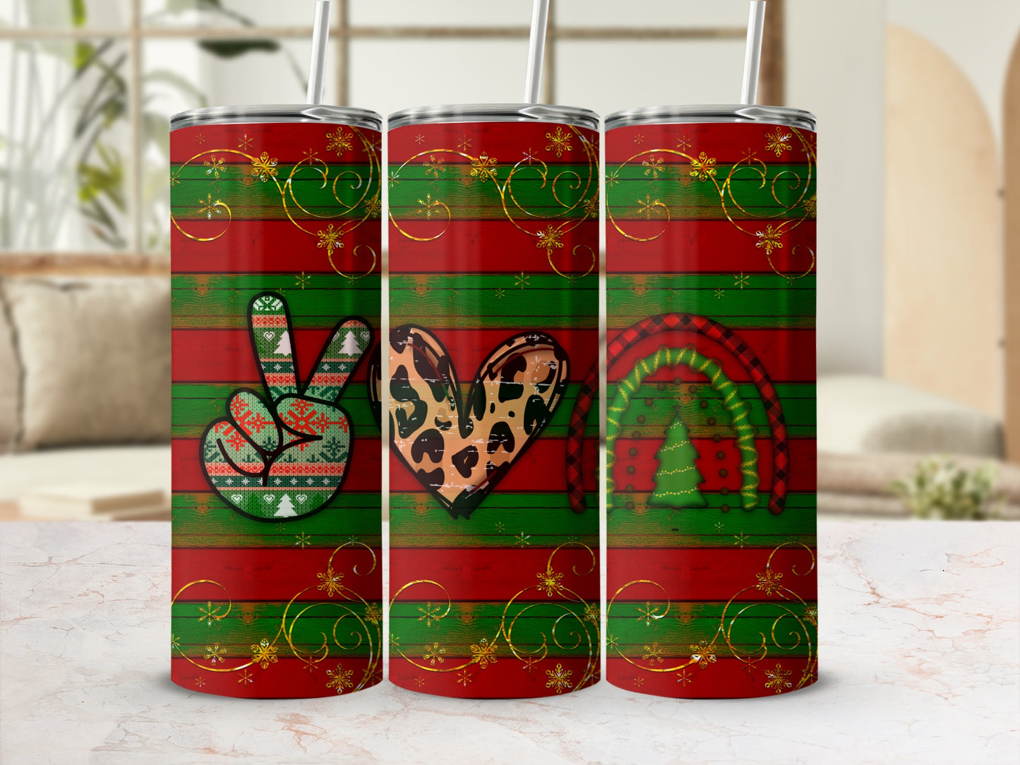 Red and green striped tumblers with peace sign, heart, and rainbow designs.