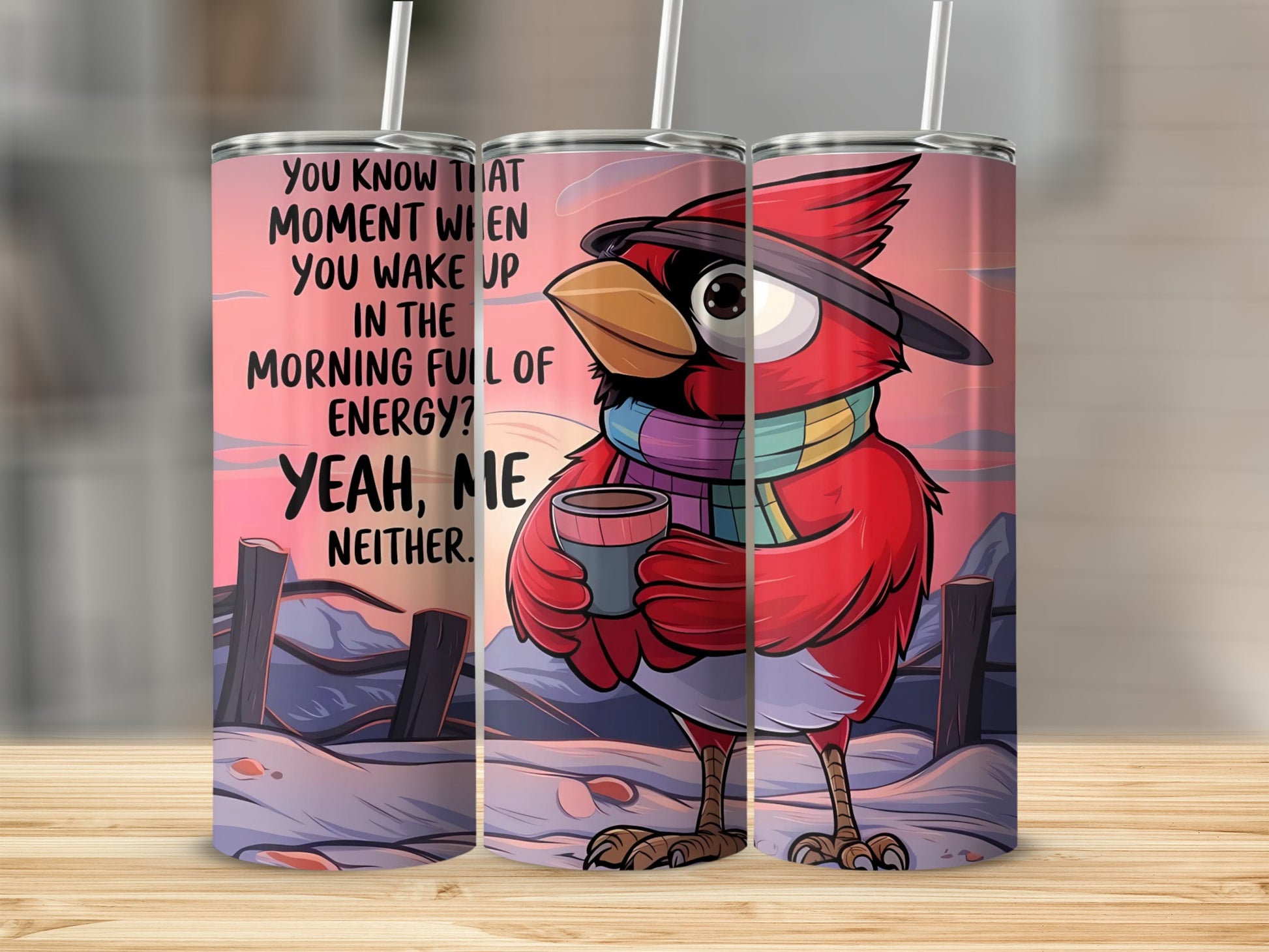 Cute Cartoon Bird with Coffee Sunrise Mug Design Tumbler