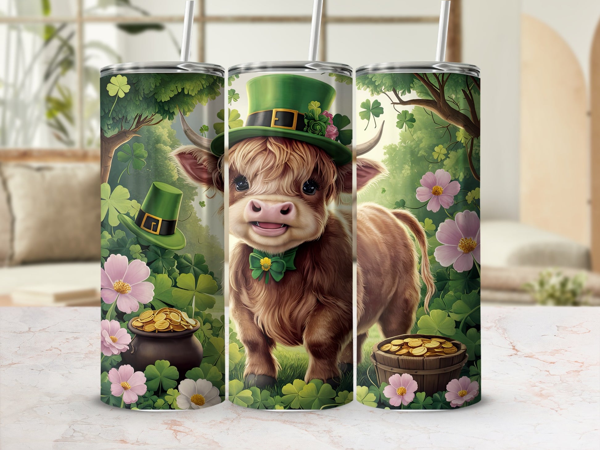 Cow wearing a green hat and bow tie, with clovers, flowers, and gold coins.