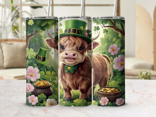 Cow wearing a green hat and bow tie, with clovers, flowers, and gold coins.