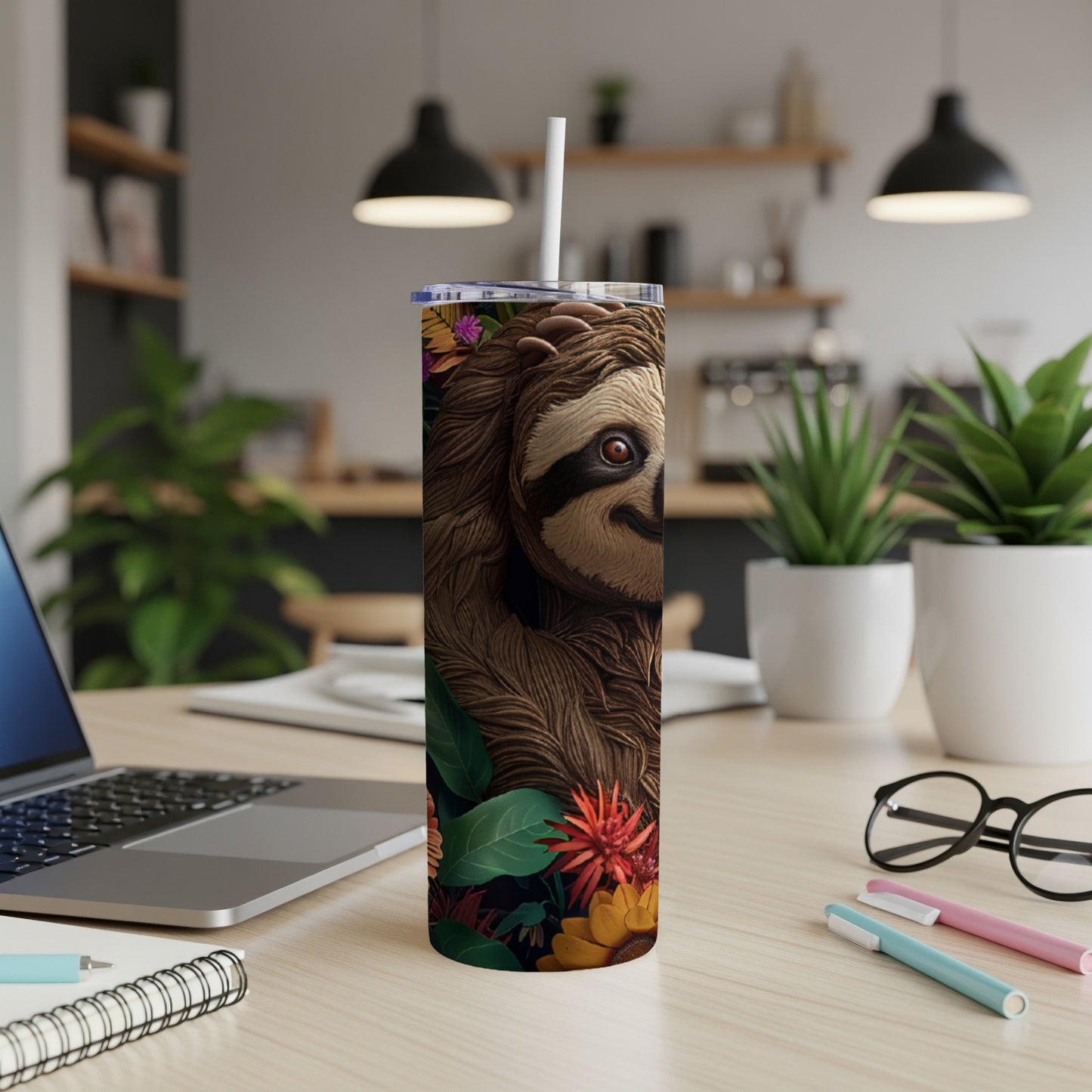 Sloth illustration on a brown tumbler with colorful flowers.