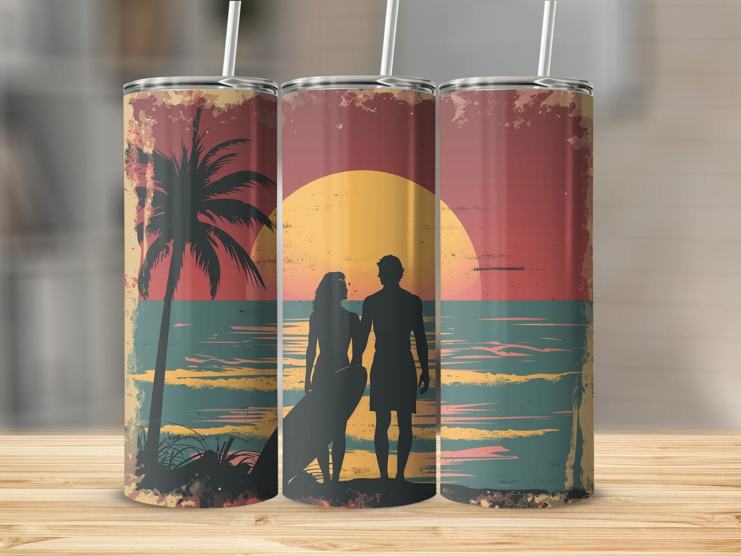 Silhouetted couple with surfboard on beach watching sunset.