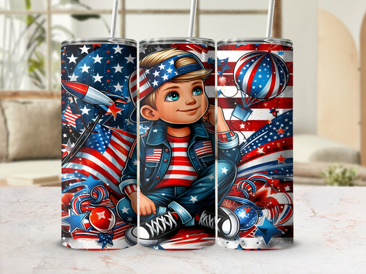 Patriotic boy in denim jacket and stars and stripes tumbler design.