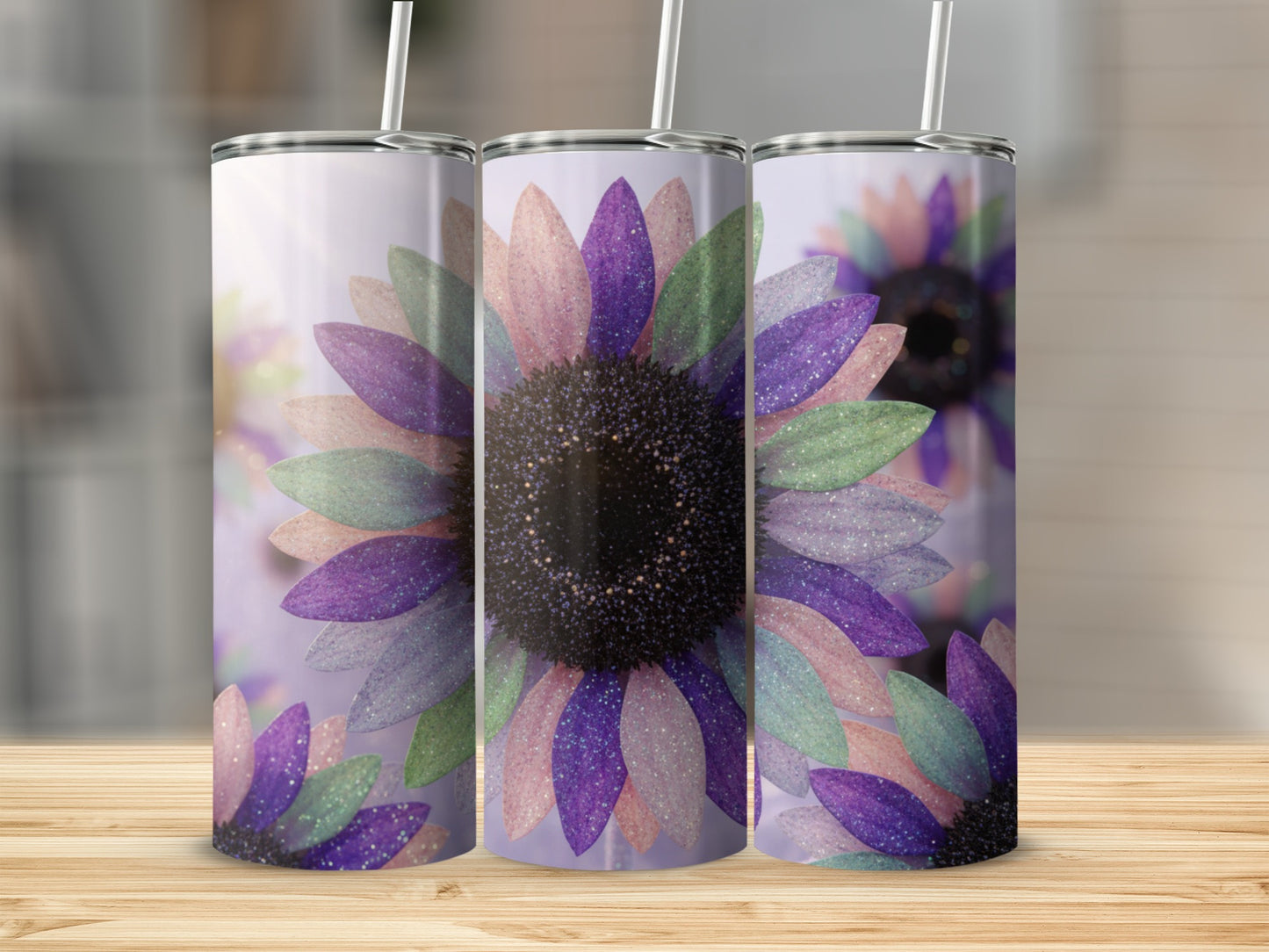 Colorful Glitter Sunflower Design Tumbler with Straw