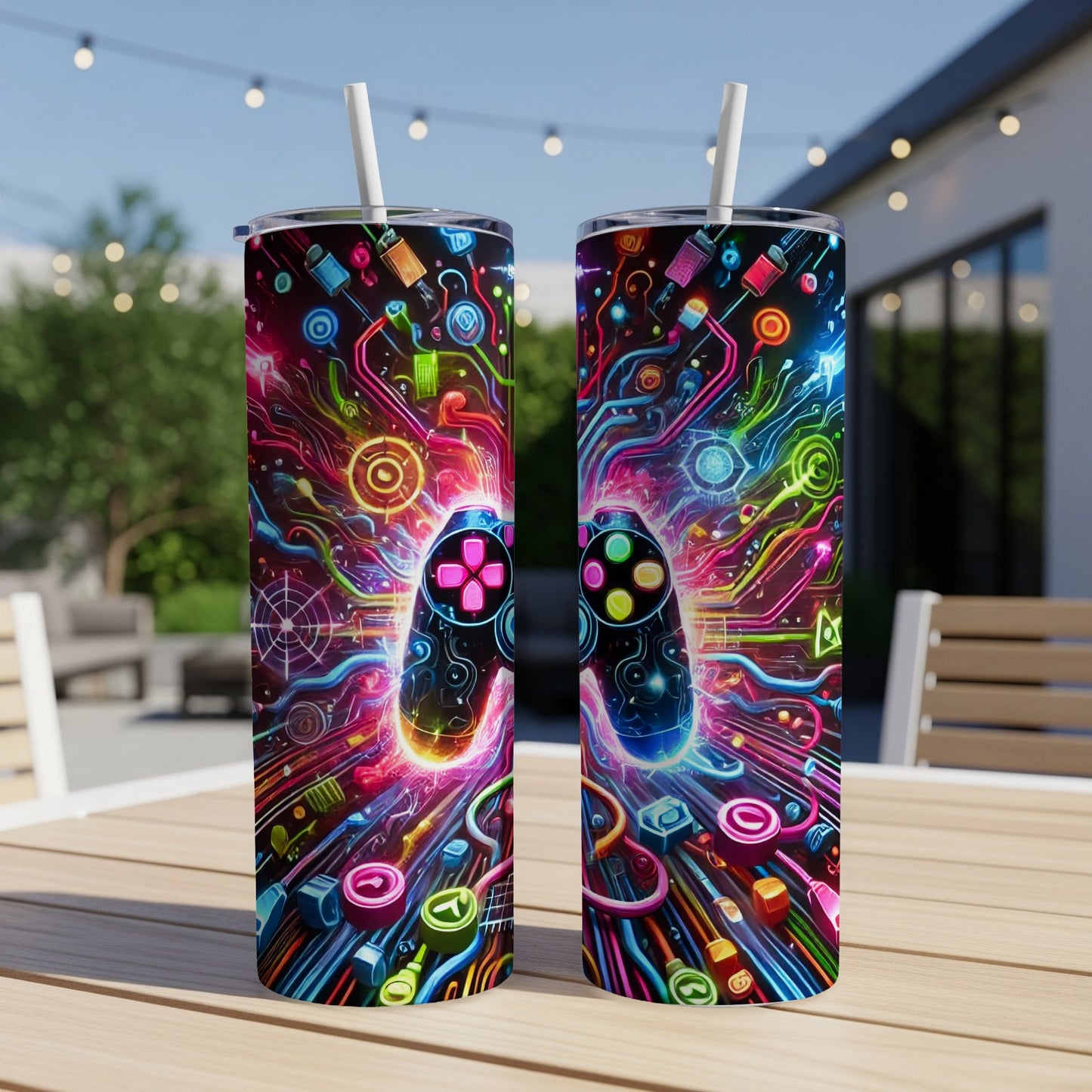 Neon circuit board pattern with video game controllers and straws.