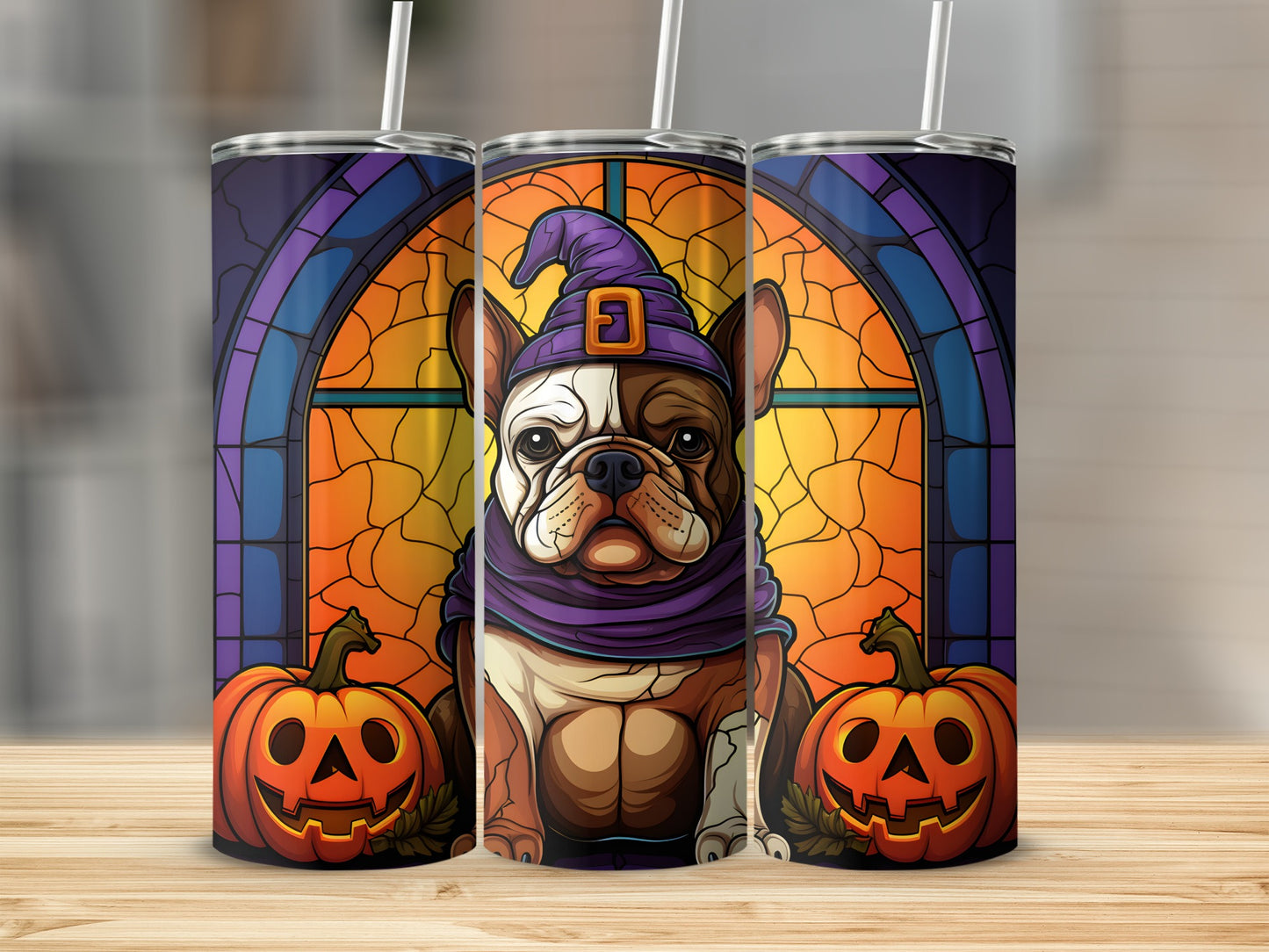 French bulldog in witch hat with pumpkins against stained glass window.