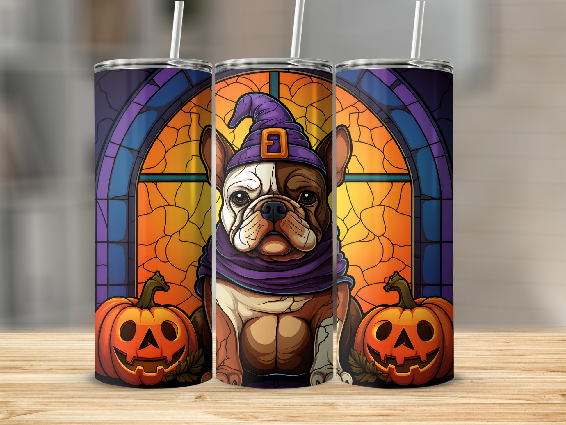 French bulldog in witch hat with pumpkins against stained glass window.