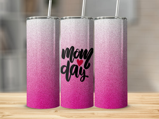 Three tumblers with pink glitter gradient and "Mom day" text.
