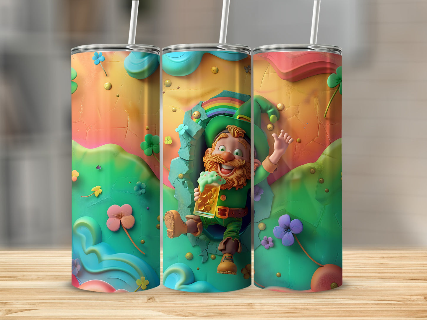 Leprechaun with beer peeking through a rainbow hole, shamrocks, and flowers.