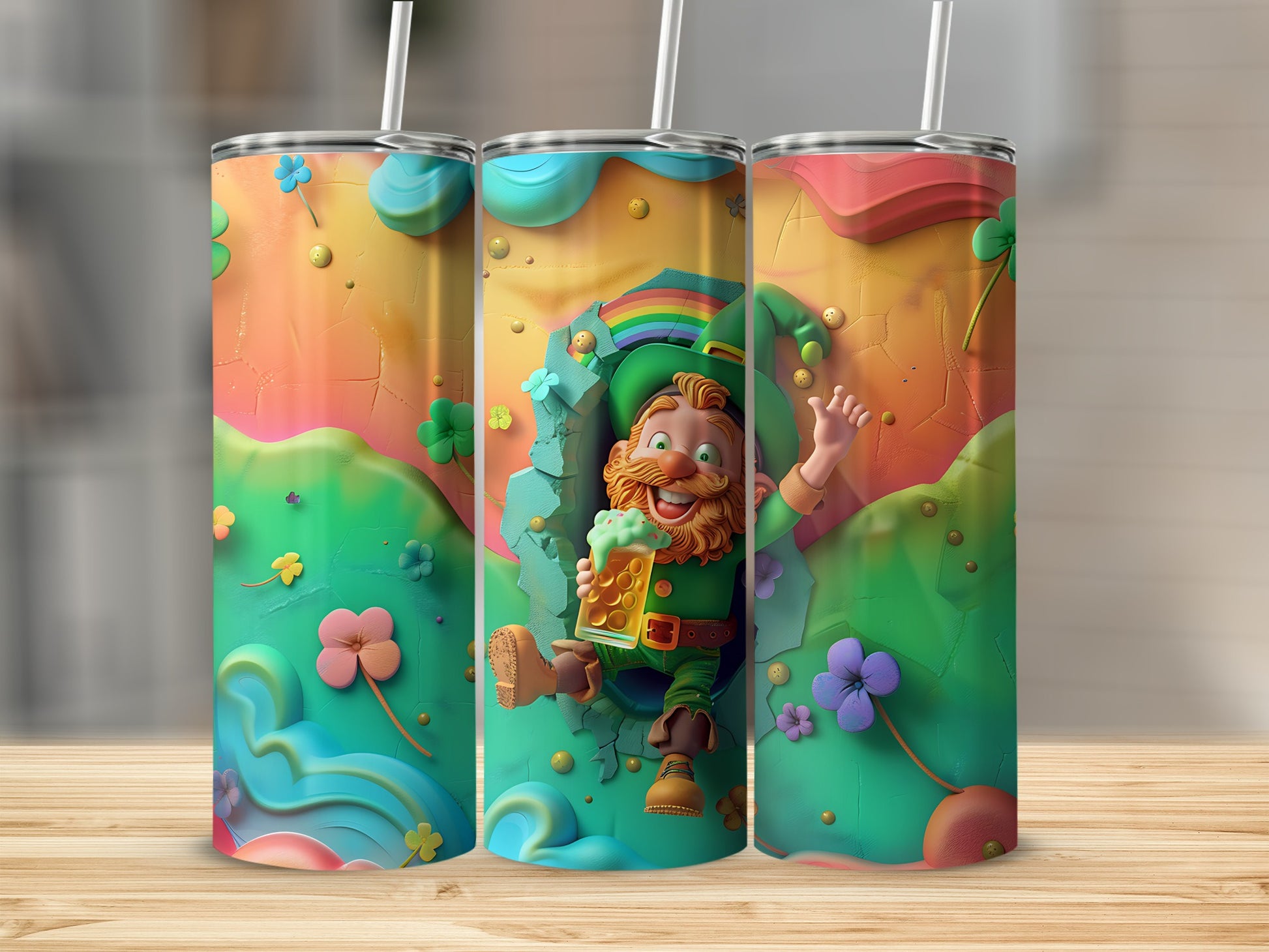 Leprechaun with beer peeking through a rainbow hole, shamrocks, and flowers.