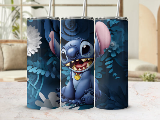 Cute Cartoon Character Tumbler with Blue Floral Design