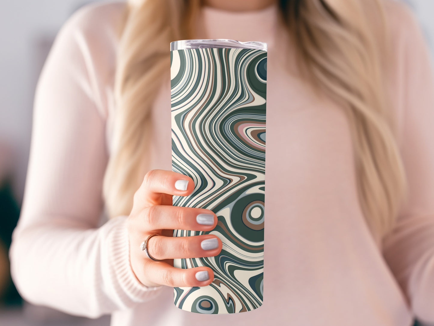 Marble Swirl Abstract Green Tan and Pink Art Tumblers
