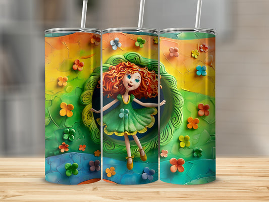 Three tumblers featuring a girl with red curly hair and a green dress surrounded by colorful flowers.