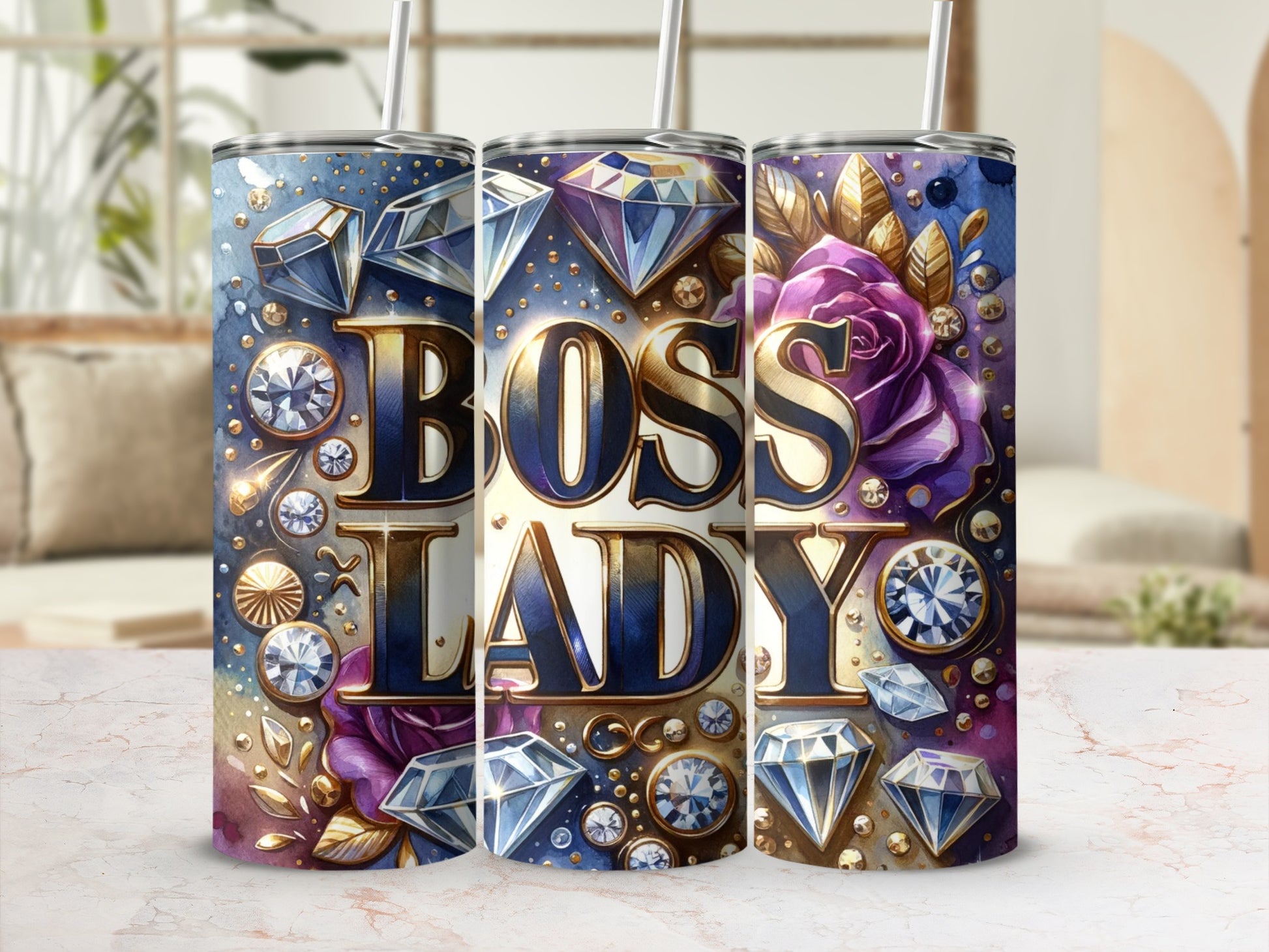 Boss Lady Tumbler with Gem and Floral Design